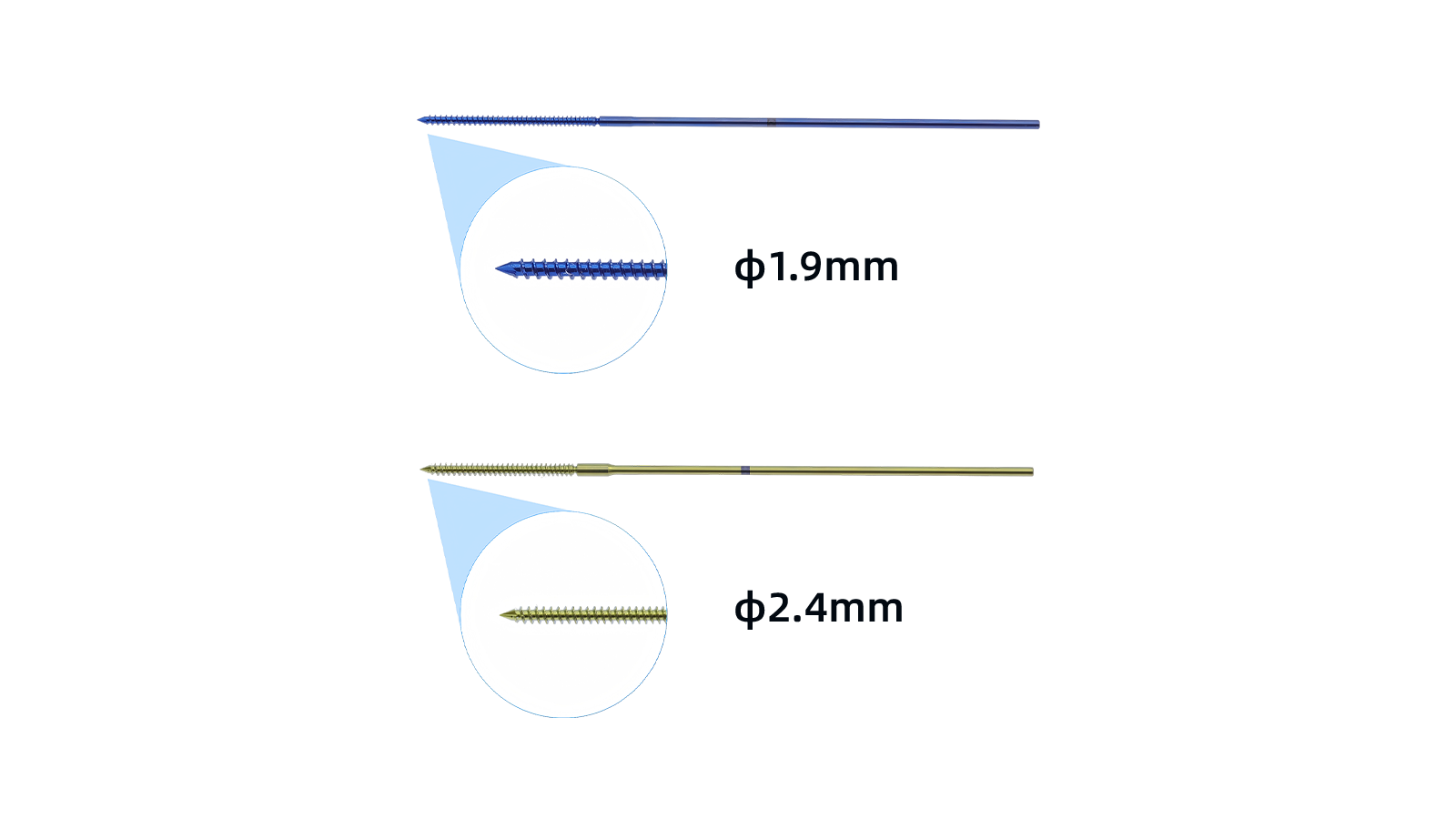 Snap-off compression thread pins in 1.9 and 2.4 mm diameters